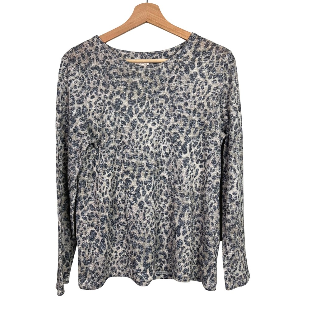 Chico's Metallic Leopard Print Knit Sweater Top Women's 1 (Medium) Long Sleeve